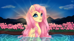 Size: 900x500 | Tagged: safe, artist:asttefany, fluttershy, pegasus, pony, g4, female, flower, looking at you, mare, scenery, solo