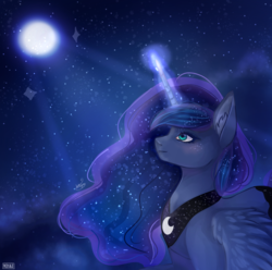 Size: 800x795 | Tagged: safe, artist:asttefany, princess luna, alicorn, pony, g4, female, full moon, magic, mare, moon, scenery, sky, solo