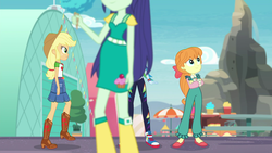 Size: 1920x1080 | Tagged: safe, screencap, applejack, blueberry cake, megan williams, rainbow dash, equestria girls, equestria girls series, g1, g4, rollercoaster of friendship, cameo, clothes, converse, female, g1 to equestria girls, generation leap, shoes