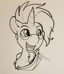 Size: 1439x1640 | Tagged: safe, artist:punk-pegasus, sunburst, pony, unicorn, g4, beard, bust, facial hair, glasses, male, monochrome, open mouth, solo, sternocleidomastoid, traditional art