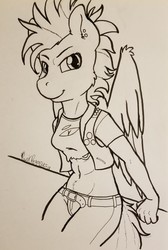 Size: 1439x2138 | Tagged: safe, artist:punk-pegasus, rainbow dash, anthro, g4, alternate hairstyle, belly button, belt, clothes, female, midriff, mohawk, monochrome, piercing, punk, ripping clothes, short shirt, solo, traditional art