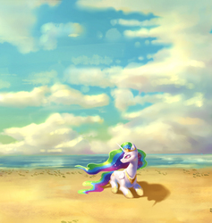 Size: 1280x1350 | Tagged: safe, artist:angusdra, princess celestia, alicorn, pony, g4, beach, cloud, cloudy, coast, cropped, female, jewelry, mare, painting, regalia, shore, solo, summer, water