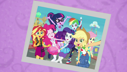 Size: 1920x1080 | Tagged: safe, screencap, applejack, fluttershy, pinkie pie, rainbow dash, rarity, sci-twi, sunset shimmer, twilight sparkle, human, equestria girls, equestria girls specials, g4, my little pony equestria girls: better together, my little pony equestria girls: rollercoaster of friendship, clothes, converse, female, fluttershy boho dress, geode of empathy, geode of fauna, geode of shielding, geode of sugar bombs, geode of super speed, geode of super strength, geode of telekinesis, holding hands, humane five, humane seven, humane six, magical geodes, photo booth (song), rarity peplum dress, selfie, shoes