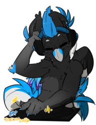 Size: 2550x3300 | Tagged: safe, artist:bbsartboutique, oc, oc only, oc:turntable, hippogriff, trotcon, trotcon 2018, colored, commission, digital art, eyes closed, feather, headbang, headphones, high res, hippogriff oc, male, record, signature, simple background, solo, transparent background, turntable, white outline, wings