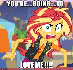 Size: 520x500 | Tagged: safe, edit, edited screencap, screencap, golden hazel, sandalwood, sunset shimmer, equestria girls, equestria girls specials, g4, my little pony equestria girls: better together, my little pony equestria girls: rollercoaster of friendship, angry, bronybait, cropped, crossing the memes, it's not about the parakeet, meme, you're going to love me