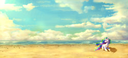 Size: 3000x1350 | Tagged: safe, artist:angusdra, princess celestia, alicorn, pony, g4, beach, female, mare, prone, solo, wallpaper