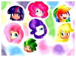 Size: 1024x768 | Tagged: safe, artist:andromedasparkz, applejack, fluttershy, pinkie pie, rainbow dash, rarity, spike, twilight sparkle, human, g4, female, human spike, humanized, mane six, smiling