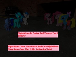 Size: 1024x768 | Tagged: safe, artist:nightmenahalo117, pinkie pie, princess luna, oc, oc:latios the pegasus, oc:nightmena, earth pony, pony, g4, 3d, female, fetish, filly, imminent vore, looking at each other, male, mare, misspelling, stallion, woona, younger