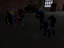 Size: 1024x768 | Tagged: safe, artist:nightmenahalo117, pinkie pie, princess luna, oc, alicorn, earth pony, pony, g4, 3d, female, fetish, filly, imminent vore, looking at each other, mare, woona, younger