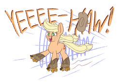 Size: 2200x1500 | Tagged: safe, artist:heir-of-rick, applejack, earth pony, pony, g4, boots, cowboy boots, cowboy hat, female, hat, mare, open mouth, roller skates, shoes, skating, smiling, yeehaw
