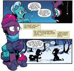 Size: 1105x1059 | Tagged: safe, artist:andypriceart, idw, official comic, fizzlepop berrytwist, glitter drops, tempest shadow, pony, unicorn, g4, spoiler:comic, spoiler:comic68, armor, broken horn, clothes, comic, cropped, crying, duo, eye scar, female, horn, mare, realization, saddle bag, scar, scarf, shocked, silhouette, snow, speech bubble, tempest's tale