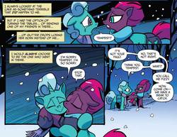 Size: 1016x783 | Tagged: safe, artist:andypriceart, idw, official comic, fizzlepop berrytwist, glitter drops, tempest shadow, pony, unicorn, g4, spoiler:comic, spoiler:comic68, armor, broken horn, clothes, comic, cropped, crying, duo, eye scar, eyes closed, female, horn, mare, reconciliation, remorse, scar, scarf, snow, speech bubble, tempest's tale