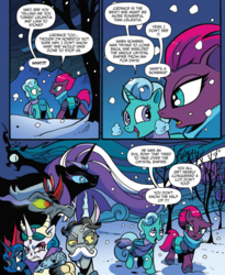 Size: 988x1204 | Tagged: safe, artist:andy price, idw, official comic, accord, glitter drops, king sombra, nightmare rarity, princess celestia, princess luna, queen chrysalis, tempest shadow, draconequus, pony, unicorn, g4, reflections, spoiler:comic, spoiler:comic68, antagonist, armor, broken horn, clothes, comic, cropped, evil celestia, evil counterpart, evil luna, evil sisters, eye scar, female, horn, male, mare, mirror universe, saddle bag, scar, scarf, snow, speech bubble, tempest's tale