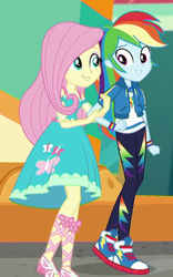 Size: 465x747 | Tagged: safe, screencap, fluttershy, rainbow dash, equestria girls, equestria girls specials, g4, my little pony equestria girls: better together, my little pony equestria girls: rollercoaster of friendship, clothes, converse, cropped, female, fluttershy boho dress, sandals, shipping fuel, shoes, sneakers
