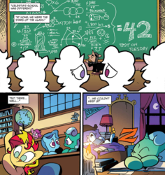 Size: 1060x1125 | Tagged: safe, artist:andy price, idw, official comic, glitter drops, observer (g4), spring rain, sunset shimmer, pony, unicorn, g4, spoiler:comic, spoiler:comic68, 42, bed, book, chalkboard, colt, comic, cropped, eyes closed, female, filly, hitchhiker's guide to the galaxy, magic mirror, male, night, pennant, school, severus snape, silhouette, sleeping, snoring, tempest's tale, zzz