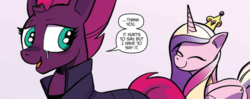 Size: 1047x414 | Tagged: safe, artist:andy price, idw, official comic, princess cadance, tempest shadow, pony, unicorn, g4, spoiler:comic, spoiler:comic68, armor, broken horn, cropped, crying, duo, eye scar, eyes closed, female, horn, mare, pink background, scar, simple background, speech bubble, tears of joy, tempest's tale