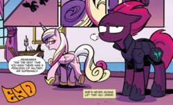 Size: 1089x668 | Tagged: safe, artist:andy price, idw, official comic, princess cadance, tempest shadow, alicorn, pony, unicorn, g4, spoiler:comic, spoiler:comic68, armor, broken horn, cropped, duo, eye scar, eyeroll, female, floppy ears, horn, mare, scar, snorting, speech bubble, tempest's tale, the end