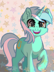 Size: 384x508 | Tagged: safe, artist:victoriathething, lyra heartstrings, pony, unicorn, g4, cute, ear fluff, female, happy, looking at you, open mouth, smiling, solo, stars