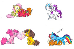 Size: 2123x1422 | Tagged: safe, artist:ask-y, big macintosh, cheese sandwich, fancypants, fluttershy, pinkie pie, quibble pants, rainbow dash, rarity, g4, behaving like a dog, blush sticker, blushing, bubblegum, cheek kiss, female, floppy ears, food, gum, heart, kissing, lying down, male, on back, petting, ship:cheesepie, ship:fluttermac, ship:quibbledash, ship:raripants, shipping, simple background, straight, tail wag, tongue out, traditional art, white background