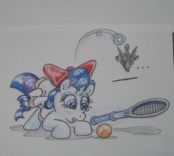 Size: 570x510 | Tagged: safe, artist:hillbe, rarity, spike, g4, bow, female, male, ship:sparity, shipping, straight, tennis ball, tennis dress, tennis racket, traditional art, wings