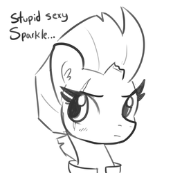Size: 1650x1650 | Tagged: safe, artist:tjpones, tempest shadow, pony, unicorn, g4, blushing, broken horn, bust, eye scar, female, grayscale, horn, implied lesbian, implied tempestlight, mare, monochrome, scar, simple background, sketch, solo, stupid sexy twilight, white background