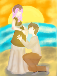 Size: 900x1200 | Tagged: safe, artist:bunnyviolet218, oc, oc only, oc:beryl (discoshy), oc:iron granite, human, hybrid, beach, couple, eyes closed, female, hand on belly, humanized, interspecies offspring, kiss on the belly, kissing, male, married couple, multiple pregnancy, oc x oc, offspring, offspring shipping, parent:big macintosh, parent:discord, parent:fluttershy, parent:marble pie, parents:discoshy, parents:marblemac, pregnant, shipping, straight, sunset