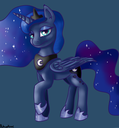 Size: 1560x1680 | Tagged: safe, artist:dukevonkessel, princess luna, alicorn, pony, g4, ethereal mane, eyeshadow, female, hoof shoes, horn, jewelry, lidded eyes, looking at you, makeup, mare, raised hoof, solo, wings