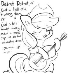 Size: 1650x1650 | Tagged: safe, artist:tjpones, applejack, earth pony, pony, g4, acoustic guitar, dialogue, ear fluff, eyes closed, female, grayscale, guitar, lyrics, mare, monochrome, music notes, musical instrument, papa hobo, paul simon, simple background, singing, sketch, solo, song reference, text, white background