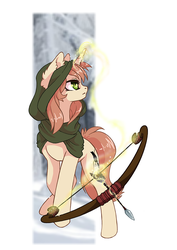 Size: 707x1000 | Tagged: safe, artist:arctic-fox, oc, oc only, oc:clouded wisp, pony, archery, arrow, bow (weapon), bow and arrow, clothes, female, glowing horn, hoodie, horn, magic, mare, simple background, solo, weapon