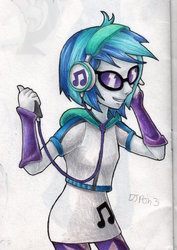 Size: 1024x1447 | Tagged: safe, artist:andpie, dj pon-3, vinyl scratch, equestria girls, g4, clothes, cutie mark on clothes, female, headphones, leggings, listening, music, simple background, solo, sunglasses, traditional art, white background