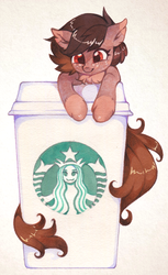 Size: 800x1303 | Tagged: safe, artist:lispp, oc, oc only, earth pony, pony, chest fluff, coffee, coffee cup, cup, ear fluff, freckles, marker drawing, simple background, solo, starbucks, tiny ponies, traditional art, white background