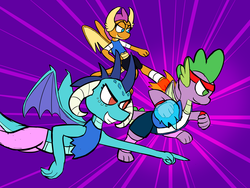 Size: 3200x2400 | Tagged: safe, artist:neonhuo, princess ember, smolder, spike, dragon, g4, clothes, dragon trio, high res, jacket, ok k.o.! lets be heroes, pants, shirt, sunburst background, winged spike, wings