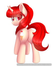 Size: 600x763 | Tagged: safe, artist:scarlet-spectrum, oc, oc only, oc:little vanilla, pony, unicorn, butt, commission, digital art, eye clipping through hair, female, food, freckles, ice cream, mare, plot, red hair, red mane, simple background, solo, transparent background