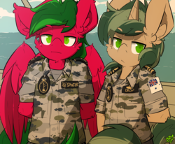 Size: 2550x2100 | Tagged: safe, artist:bbsartboutique, oc, oc only, oc:cotton, oc:melon specter, pegasus, unicorn, anthro, anthro oc, arm behind back, australia, camouflage, clothes, duo, epaulettes, high res, looking at you, male, military uniform, navy, sea patrol, serious, uniform