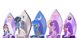 Size: 4040x1984 | Tagged: dead source, safe, artist:rainbows-skies, oc, oc only, oc:colour sparkle, oc:crystal harmony, oc:double eclipse, oc:moon magic, oc:sunny crystal, alicorn, hybrid, pony, unicorn, base used, female, interspecies offspring, magical lesbian spawn, male, mare, offspring, parent:discord, parent:king sombra, parent:princess cadance, parent:princess celestia, parent:princess luna, parent:rainbow dash, parent:shining armor, parent:twilight sparkle, parents:celestibra, parents:lunacord, parents:shiningcadance, parents:twidash, simple background, throne, transparent background