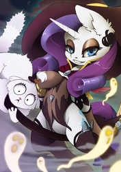 Size: 566x800 | Tagged: safe, artist:arctic-fox, opalescence, rarity, cat, ghost, pony, unicorn, g4, 2017, broom, clothes, cosplay, costume, ear fluff, female, hat, mare, mercy, overwatch, witch, witch hat, witch mercy