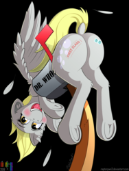 Size: 3000x4000 | Tagged: safe, artist:pedalspony, artist:raptorpwn3, derpy hooves, pony, g4, blushing, butt, buttstuck, clumsy, cute, derpabetes, derpy inside a mailbox, feather, female, frog (hoof), implied shipping, implied straight, literal shipping, mail, mailbox, plot, solo, stamps, stuck, underhoof