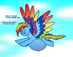 Size: 1280x1000 | Tagged: safe, artist:goodie-bag, derpibooru exclusive, rainbow dash, pegasus, pony, g4, belly, big belly, blushing, cloud, colored wings, female, fetish, flying, g5 concept leak style, g5 concept leaks, hyper, hyper pregnancy, kicking, mare, multicolored wings, outie belly button, paint.net, preggo dash, pregnant, rainbow dash (g5 concept leak), sky, solo, sweat, sweatdrops, wings