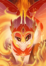 Size: 707x1000 | Tagged: safe, artist:arctic-fox, daybreaker, alicorn, pony, a royal problem, g4, armor, female, fire, looking at you, mane of fire, mare, sharp teeth, smiling, solo, spread wings, teeth, wings