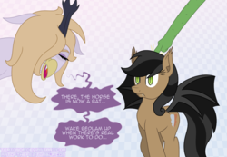 Size: 1300x900 | Tagged: safe, artist:terton, oc, oc only, oc:bedlam, oc:copper feather, bat pony, draconequus, pony, atg 2018, bat ponified, draconequus oc, duo, female, mare, newbie artist training grounds, poking, race swap, shocked, simple background, tired