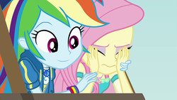 Size: 1920x1080 | Tagged: safe, screencap, fluttershy, rainbow dash, equestria girls, equestria girls series, g4, rollercoaster of friendship, covering eyes, female, geode of fauna, geode of super speed, magical geodes, scared, shipping fuel, smiling