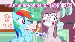 Size: 1920x1080 | Tagged: safe, edit, edited screencap, screencap, pinkie pie, rainbow dash, fanfic:cupcakes, g4, yakity-sax, creepy, creepy smile, cupcake, derp, duo, faic, food, forced smile, pinkamena diane pie, smiling, this will end in cupcakes, this will end in death, this will end in tears, this will end in tears and/or death, this will not end well, unimpressed stove, what could possibly go wrong