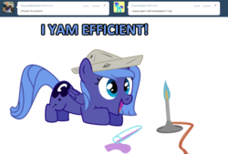 Size: 1280x867 | Tagged: safe, artist:sintakhra, princess luna, pony, ask sandy pony, g4, cartographer's cap, female, filly, hat, science, solo, vial, woona, younger