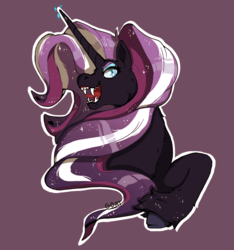 Size: 800x856 | Tagged: dead source, safe, artist:kittycoot, nightmare rarity, pony, unicorn, g4, cloven hooves, ethereal mane, eyeshadow, fangs, female, looking at you, makeup, mare, open mouth, purple background, simple background, solo, starry mane, tongue out, unshorn fetlocks, wingding eyes