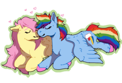 Size: 1159x790 | Tagged: safe, artist:kittycoot, fluttershy, rainbow dash, pegasus, pony, g4, colored hooves, cutie mark, eyes closed, female, fluffy, heart, lesbian, mare, nuzzling, prone, request, ship:flutterdash, shipping, simple background, smiling, white background