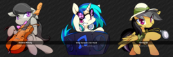 Size: 1080x360 | Tagged: safe, artist:dshou, daring do, dj pon-3, octavia melody, vinyl scratch, earth pony, pegasus, pony, unicorn, g4, cello, female, glasses, headphones, looking at you, mare, musical instrument, trio