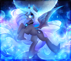 Size: 2800x2400 | Tagged: safe, artist:koveliana, princess luna, alicorn, pony, g4, bat wings, constellation, female, high res, hybrid wings, looking at you, mare, moon, night, solo, sparkly eyes, stars, wingding eyes