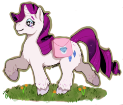 Size: 900x771 | Tagged: safe, artist:kittycoot, rarity, pony, unicorn, g4, curved horn, cutie mark, female, freckles, horn, mare, raised hoof, saddle bag, simple background, solo, starry eyes, transparent background, walking, wingding eyes