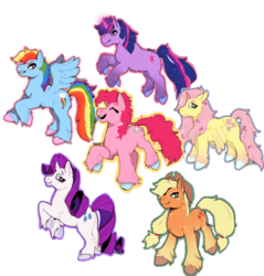 Size: 2040x2133 | Tagged: safe, artist:kittycoot, applejack, fluttershy, pinkie pie, rainbow dash, rarity, twilight sparkle, earth pony, pegasus, pony, unicorn, g4, colored hooves, cowboy hat, cutie mark, female, hat, high res, mane six, mare, simple background, smiling, unicorn twilight, unshorn fetlocks, white background