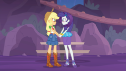 Size: 1920x1080 | Tagged: safe, screencap, applejack, rarity, equestria girls, equestria girls series, g4, rollercoaster of friendship, applejack's hat, argument in the comments, belt, best friends, blushing, boots, bracelet, clothes, cowboy boots, cowboy hat, cute, cutie mark on clothes, denim skirt, discussion in the comments, duo, female, geode of super strength, hairpin, hat, high heels, holding hands, jackabetes, jewelry, looking at each other, magical geodes, necklace, raribetes, rarity peplum dress, shipping fuel, shoes, skirt, smiling, waterfall